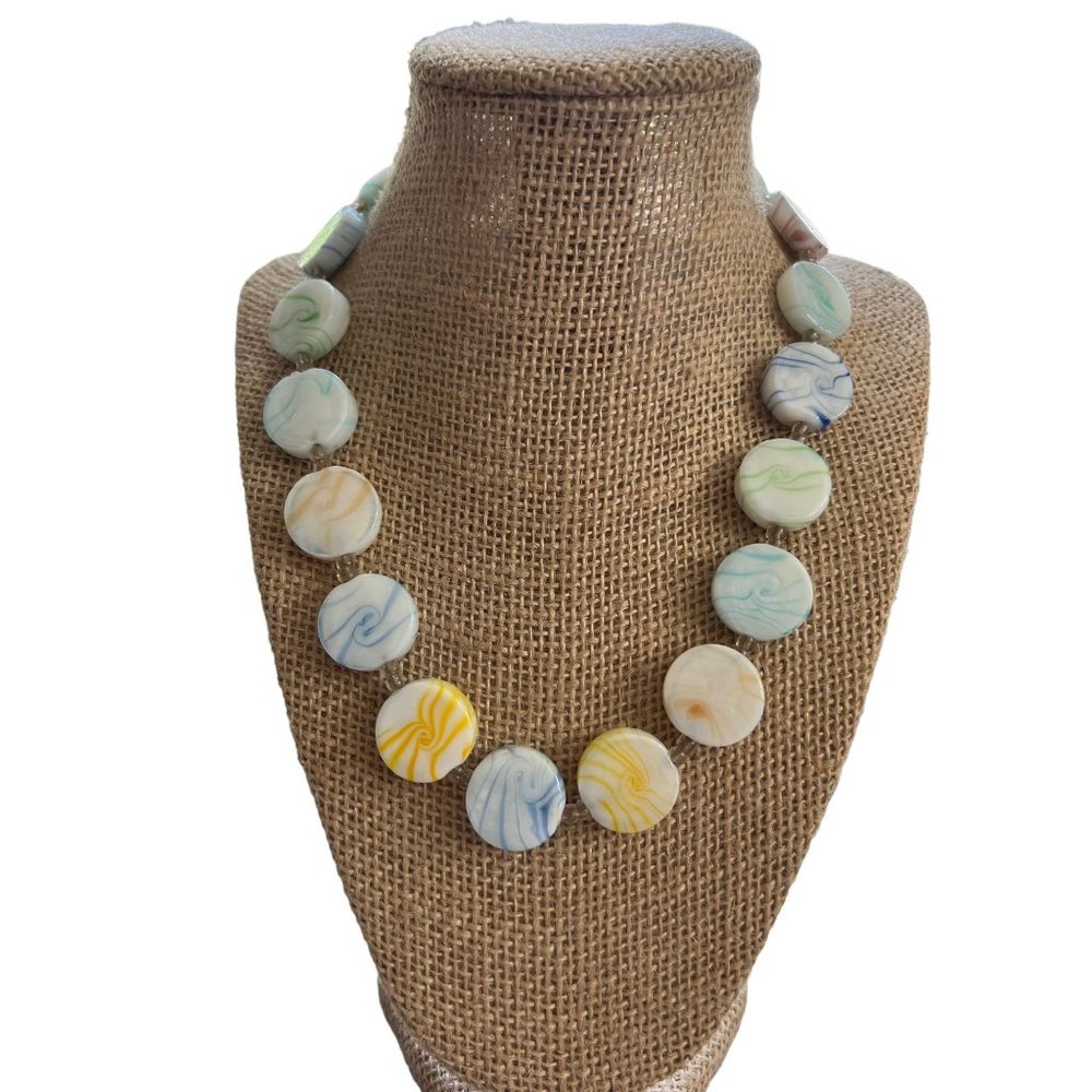 Glass Disc Necklace Collar Choker Tie Dye Swirl Art Glass 17" Candy Flat Round
